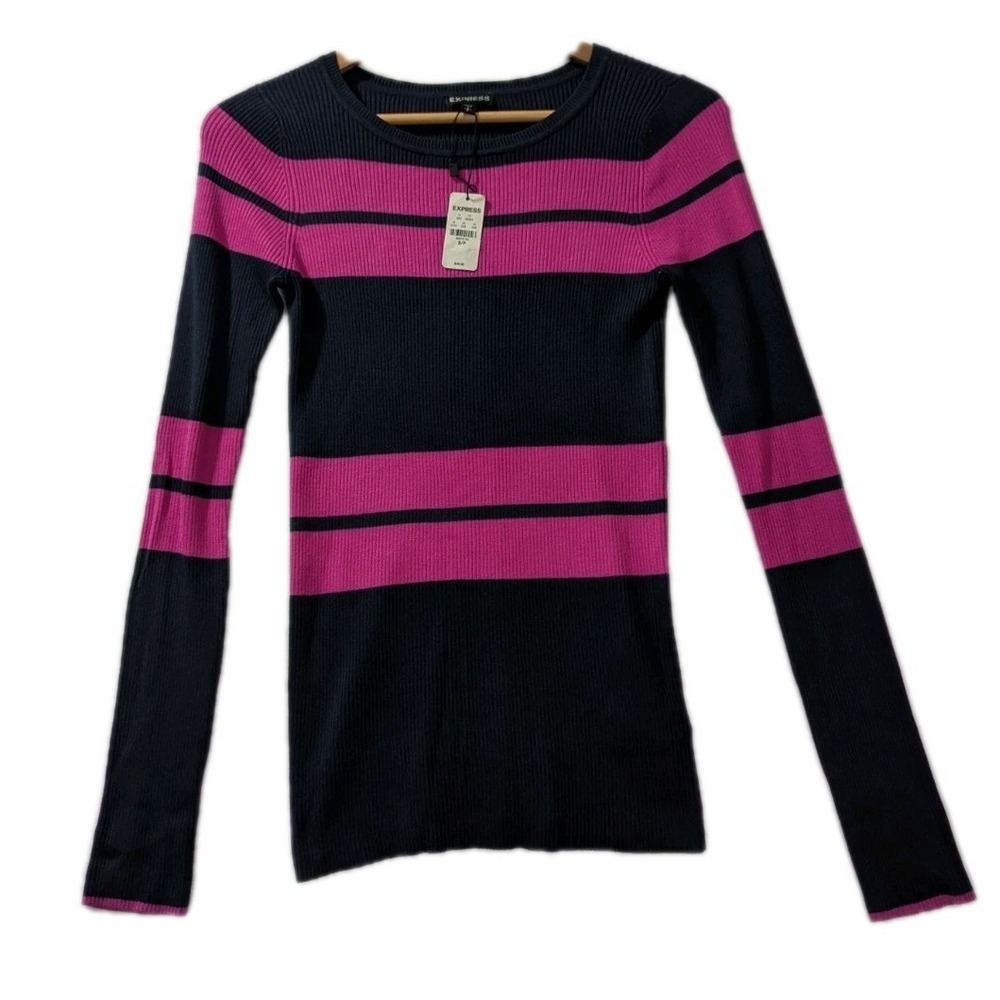 Y2K Express Navy Pink Stripe Ribbed Sweater Women's‎ Sz S NWTNew England Preppy